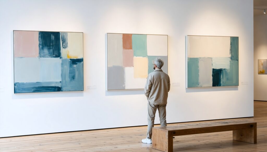 Bezoeker in een lichte, minimalistische galerie die aandachtig naar pastelgekleurde schilderijen kijkt