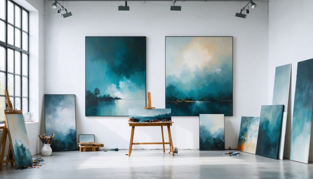 Licht, minimalistisch Nederlands kunstatelier met grote witte muren, enkele pastelkleurige schilderijen en subtiele accenten in donkergroen en antraciet