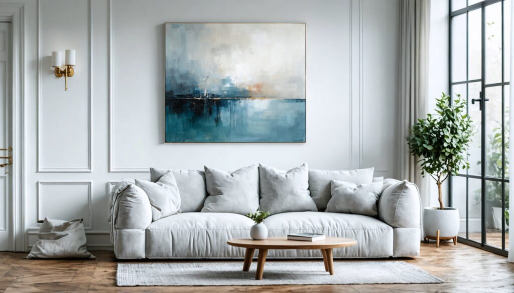 Stijlvol, licht interieur met een groot wit schilderij met pasteltinten boven een eenvoudige bank