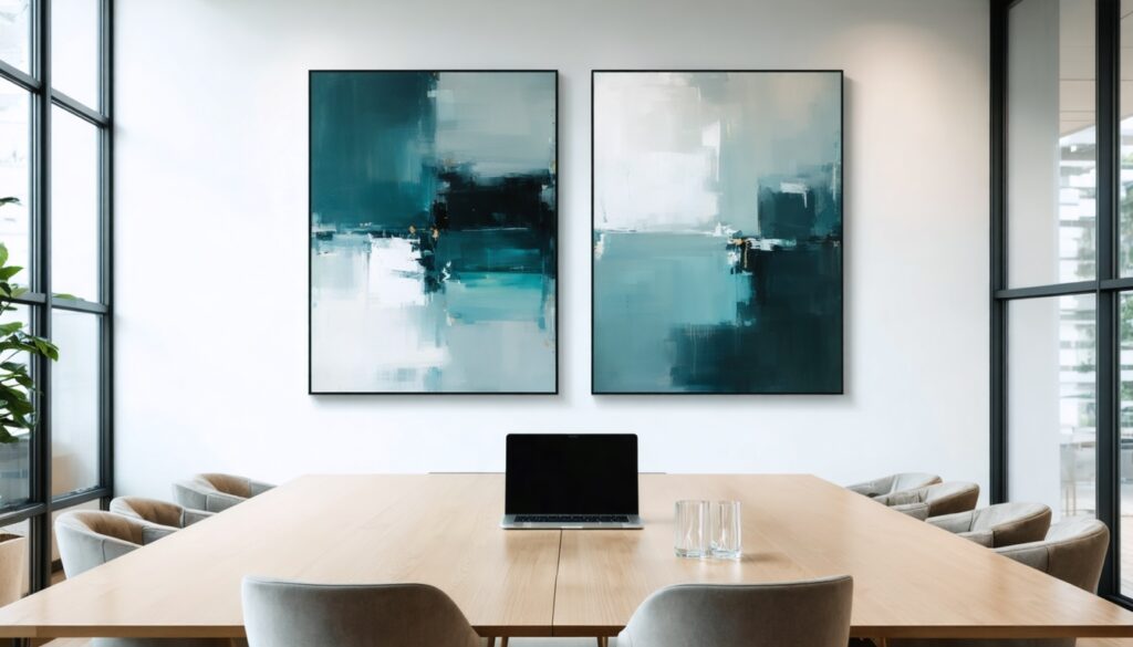 Modern Nederlands kantoor met minimalistische schilderijen in pasteltinten aan de muur van een vergaderruimte