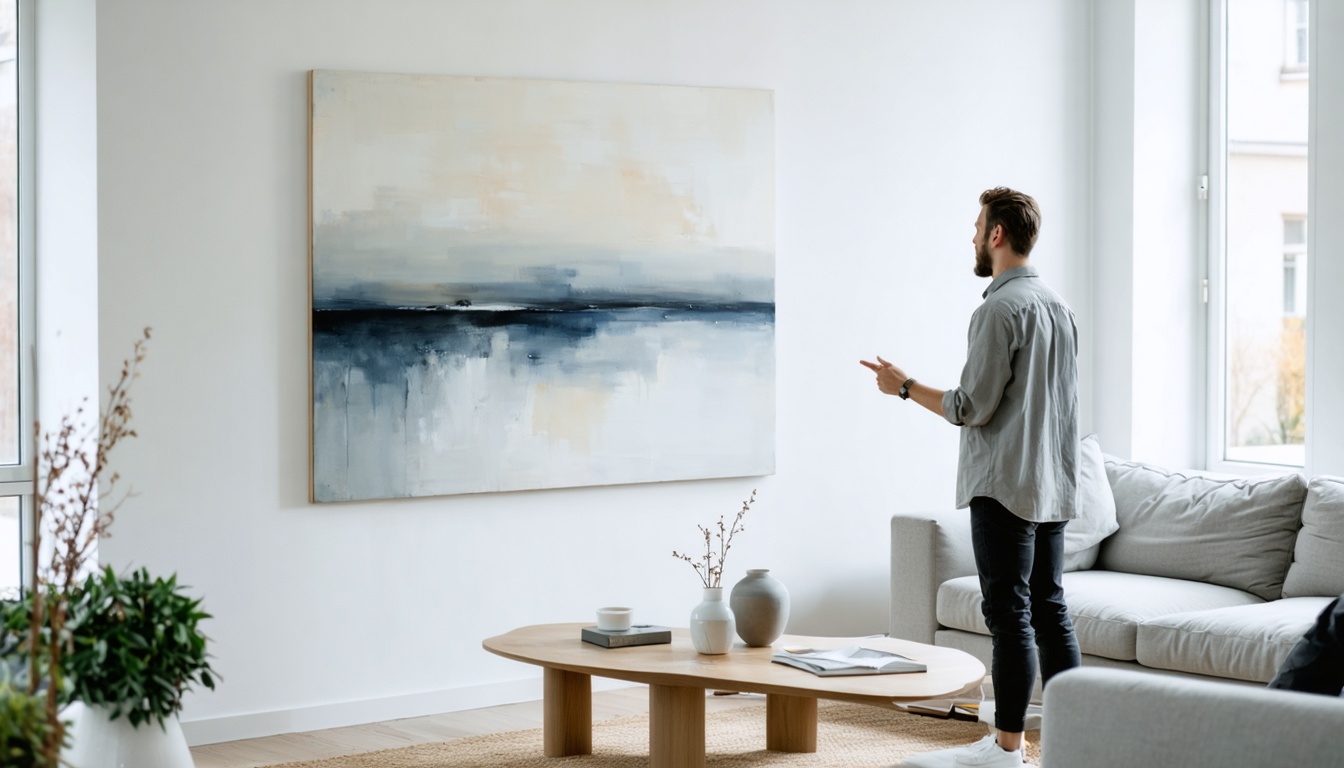 Kunstadviseur toont aan klant hoe een minimalistisch schilderij in een modern interieur past