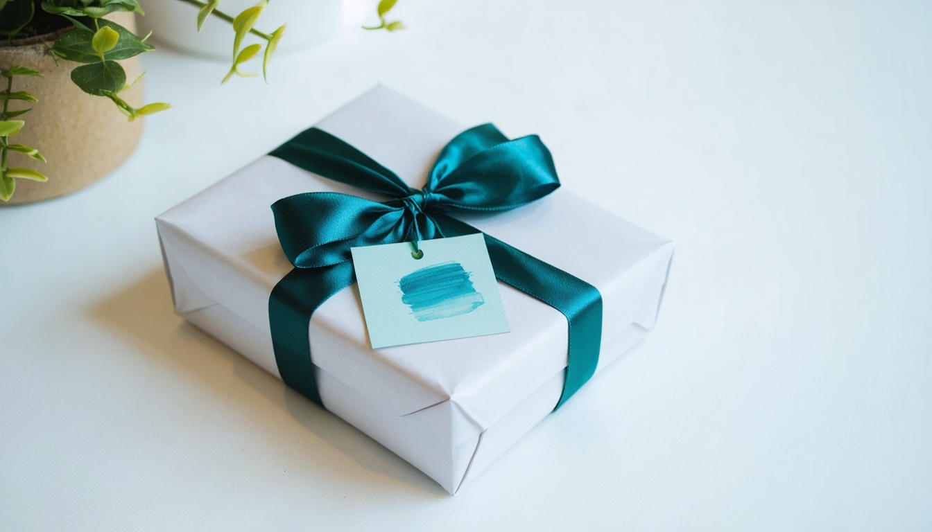 Zorgvuldig ingepakt, plat kunstcadeau in wit papier met een subtiel lint in donkergroen en een minimalistisch kaartje