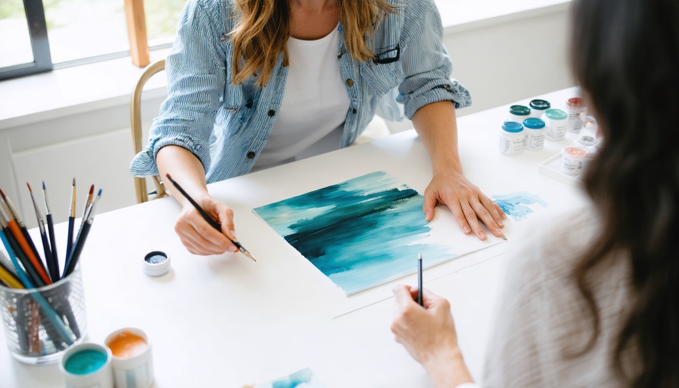 Kunstenaar en klant bespreken samen een schets voor een minimalistisch schilderij aan een witte tafel