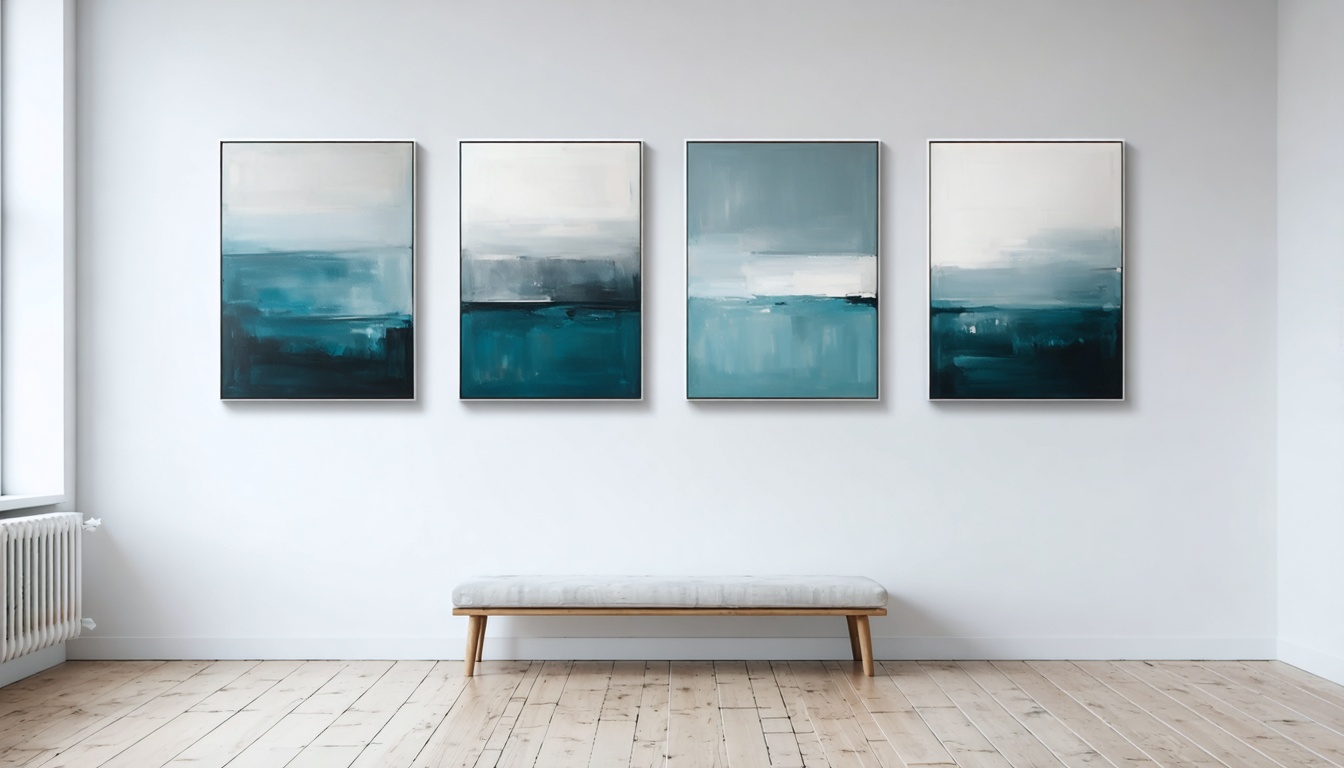 Witte galerieachtige ruimte met een serie unieke minimalistische schilderijen met pasteltinten