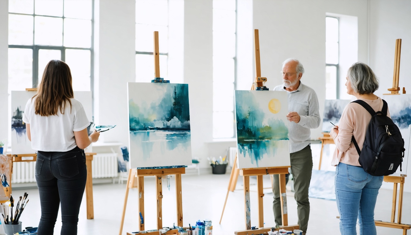 Een kleine groep volwassenen volgt een rustige schilderworkshop in een licht, minimalistisch atelier